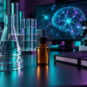 Cognitive and nootropic peptide research vial in a neuroscience laboratory