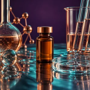 Cosmetic peptide research vial with copper-toned laboratory glassware