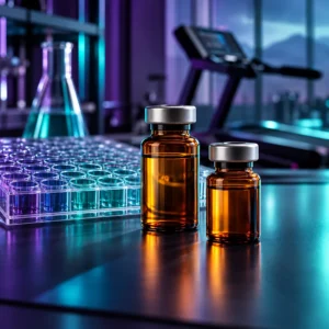 GLP-1 and metabolic research vials beside a laboratory assay tray and treadmill