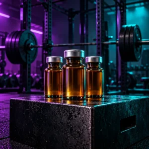 Growth hormone research kit vials in a strength-training laboratory setting