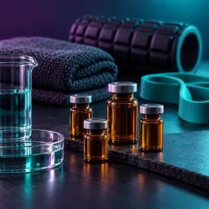 Healing and recovery peptide research vials with laboratory glassware and training recovery equipment