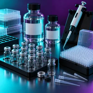 Peptide laboratory accessories with empty vials, solutions, pipette tips, and a micropipette
