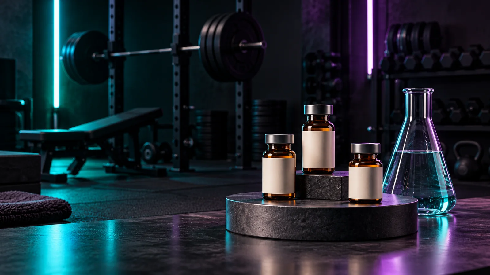 Research peptide kit vials and laboratory glassware in a Canadian strength-training studio